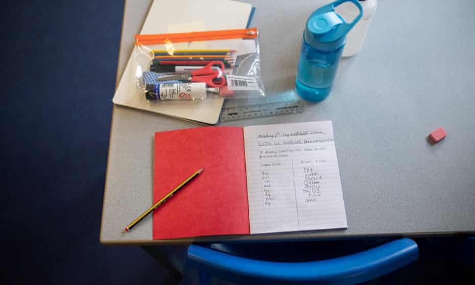 A pupil’s personal education materials, for their use only to prevent transmission of coronavirus, is pictured on their desk.