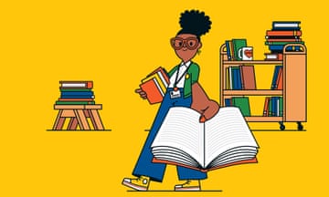 Illustration of a librarian holding out a book