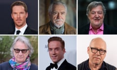 Clockwise from top left: Benedict Cumberbatch, Brian Cox, Stephen Fry, Mark Knopfler, Damien Lewis and Paul Smith, who are all Garrick Club members.