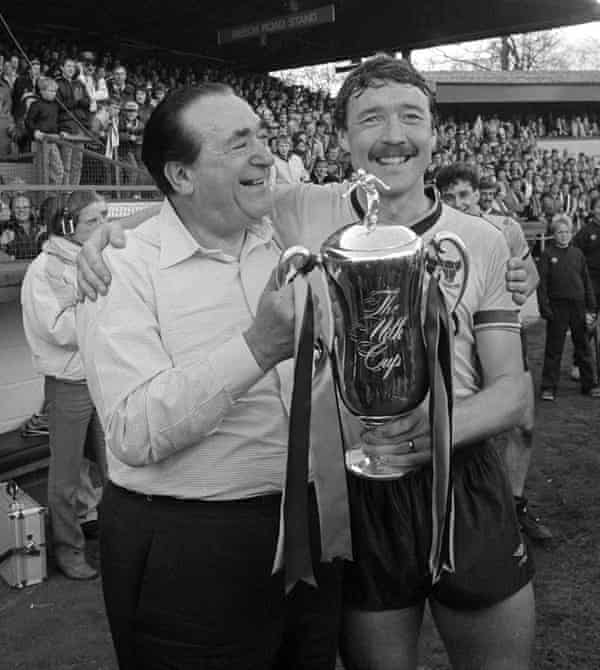 Robert Maxwell, then the chairman of Oxford United, and Malcolm Shotton celebrate the club winning the 1986 Milk Cup