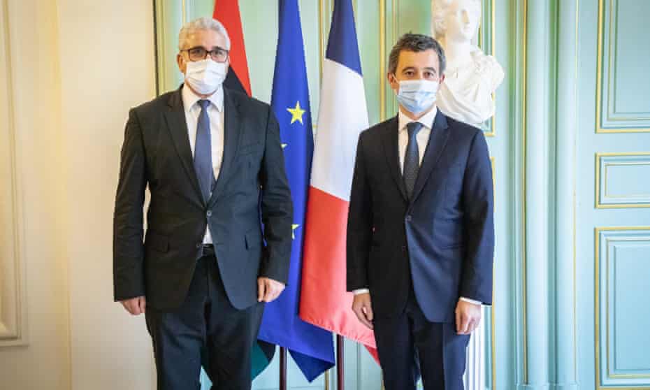 Fathi Bashagha, Libya’s interior minister, left, poses with his French counterpart, Gérald Darmanin, during a visit to Paris.