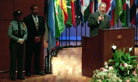 Former Cuban leader Fidel Castro addresses a plenary session of Habitat II in Istanbul, June 1996.