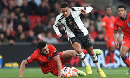 Jamal Musiala leaves Harry Maguire scrabbling around on the ground.