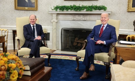 The German chancellor, Olaf Scholz, at the White House with Joe Biden on Friday.