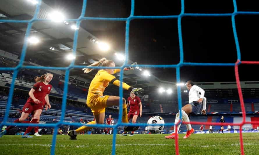 France’s Marie-Antoinette Katoto scores their third goal to make the game safe.