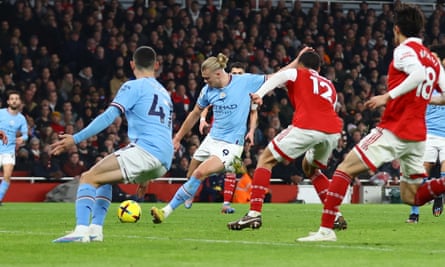Erling Haaland scores the third goal against Arsenal
