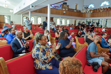 Audience members listen as Representative Terri Sewell (D-AL), convenes civil rights leaders at the 16th Street Baptist Church to strategize on a path forward for voting rights a decade after the supreme court’s Shelby County decision, on 28 June 2023 in Birmingham, Alabama.