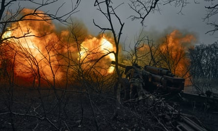 A member of Ukraine’s armed forces fire artillery at Russian positions near Bakhmut, Donetsk region, on Sunday.