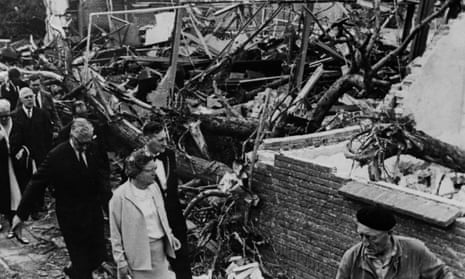 Queen Juliana of the Netherlands visits the village of Tricht, in June 1967, two days after it was hit by a tornado in which five people died. 
