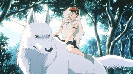 Wolf girl San rides a huge wolf in the forest in Princess Mononoke