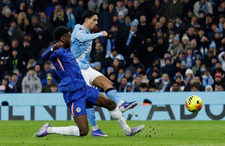 Tijjani Reijnders scores a first-half goal for Manchester City