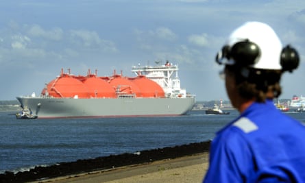 A Bahamas-registered LNG tanker arrives in the port of Rotterdam in the Netherlands.
