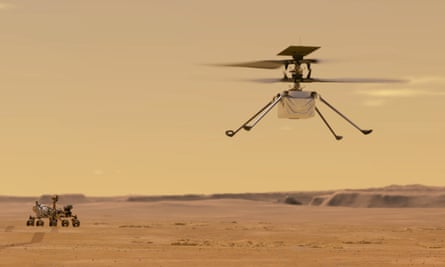 Illustration of what Ingenuity might look like in flight on Mars