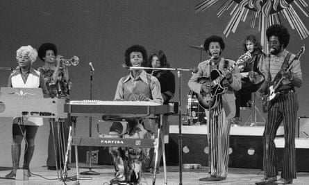 Sly and the Family Stone at rehearsal for a television appearance in 1969. From left: Rose Stone, Cynthia Robinson, Sly Stone, Jerry Martini, Freddie Stone, Gregg Errico and Larry Graham