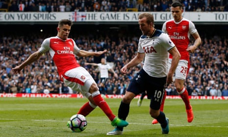 Arsenal’s Gabriel taps Harry Kane’s shin for a penalty