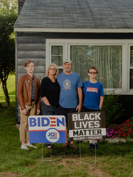 The Parks family, from left, Dylan, Sheila, Jimmy and Liam in front of their house in White Sulphur Springs, New York.