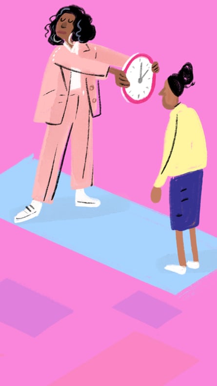 Illustration of woman holding up a clock like a stop sign in front of another woman