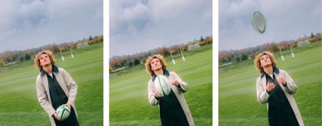 A composite of three photographs of Ellie Kildunne holding, about to throw and just after she’s thrown a rugby ball in the air, wearing a white vest underneath a black tracksuit with a beige trenchcoat over the top