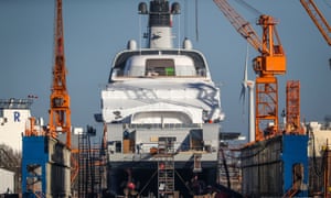 A mega yacht at a floating dock at the Lloyd-Werft shipyards in Bremerhaven, northern Germany, earlier this year