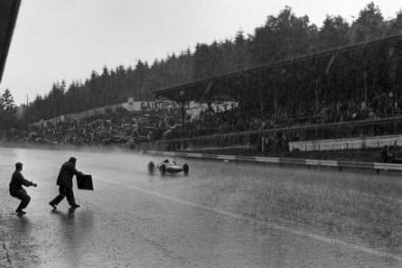 Jim Clark expertly handling his Lotus in the torrential rain at Spa in 1963.