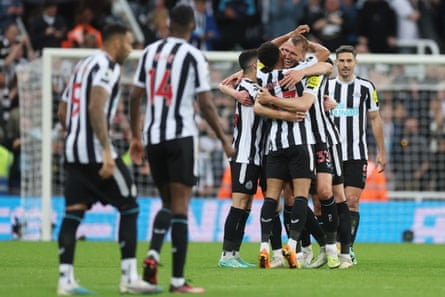 Newcastle celebrate after their 0-0 draw at home to Leicester on Monday.