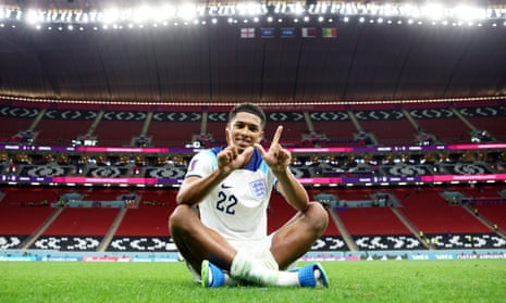 Jude Bellingham poses on the pitch after his starring role in England’s 3-0 win against Senegal