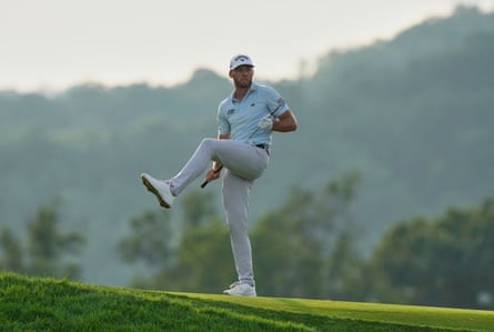Sam Burns reacts to his chip shot onto the 17th green during his third round
