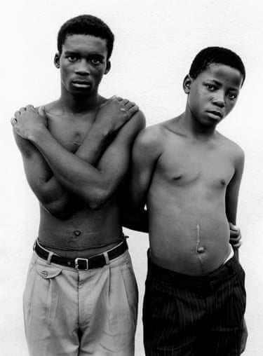 Thembinkosi Tshabe and Mxolisi Goboza, South Africa, 1997 (Truth and Lies 1996–2002)Between 1996 and 2002, Edelstein returned repeatedly to South Africa to document the work of the Truth and Reconciliation Commission. Established after the end of apartheid, the commission invited victims and perpetrators of human rights abuses to give testimony as the country attempted to confront its past and imagine a shared future. This image shows two of the youngest victims to appear before the commission