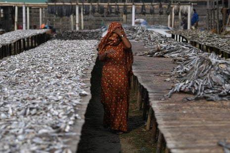 A Rohingya refugee woman walks through Nazirartek fish-drying yard where she works