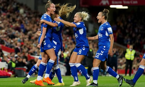 Megan Finnigan celebrates opening the scoring for Everton in their win at Liverpool