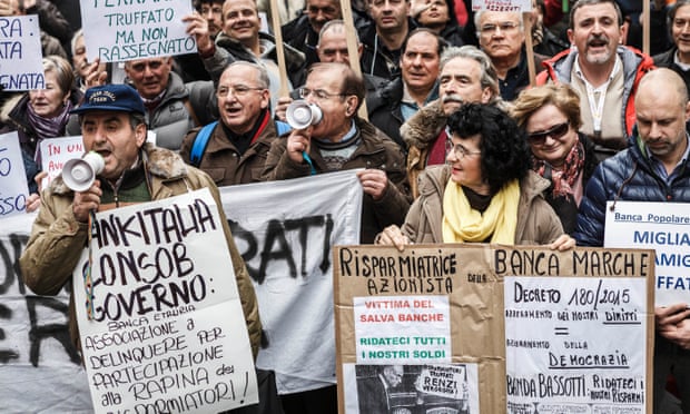 Demonstrators protesting over the government’s bank bailout proposals in Rome