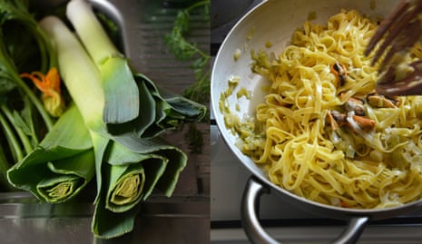 Leek tagliatelle with mussels: ‘The leeks are chopped and sweated in butter and olive oil until so soft and wilted they are almost a puree’.