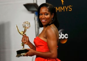 Regina King poses backstage with her award for Outstanding Supporting Actress In A Limited Series Or Movie .