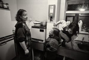 Mandy (mother) with Emma and Donna in the hostel for homeless families, Blackpool 1992