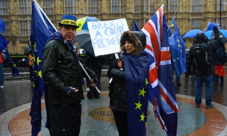 Anti-Brexit protesters outside the Houses of Parliament today.