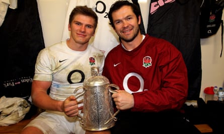 Owen Farrell and Andy Farrell with the Calcutta Cup after Owen’s England debut, against Scotland in February 2012