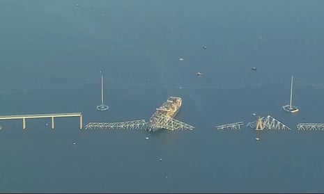 Parts of the Francis Scott Key Bridge remain after a container ship collided.
