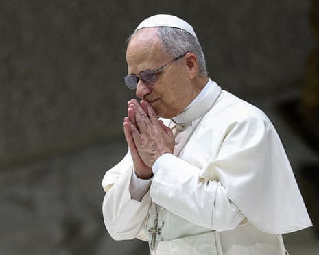 Pope Leo XIV puts his hands together in prayer during the weekly general audience in the Paul VI Hall at the Vatican on Wednesday, 27 August 2025.