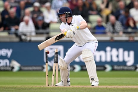 Dan Lawrence’s stumps are skittled by Mohammad Imran.