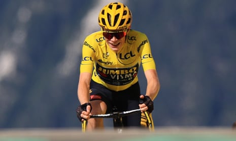 Denmark’s Jonas Vingegaard approaches the finish line on the mountainous stage 17 to Courchevel
