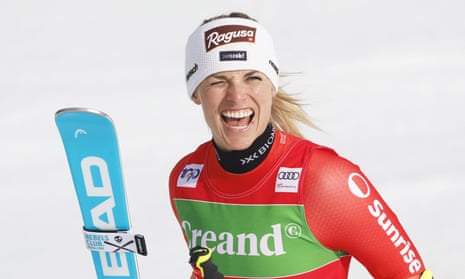 Lara Gut-Behrami of Switzerland celebrates winning Saturday’s women’s giant slalom in Soldeu, Andorra.
