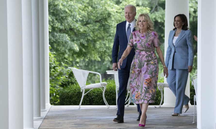 (Left to right), US president Joe Biden, first lady Jill Biden and vice president Kamala Harris walking towards the Rose Garden at the White House yesterday.