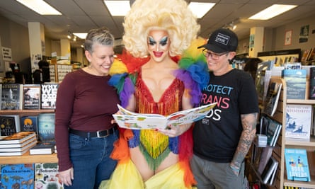 Montana Book Co owners Chelsia Rice, right, and Charlie Crawford, left, with Julie Yard, one of the members of the Mister Sisters drag trio.