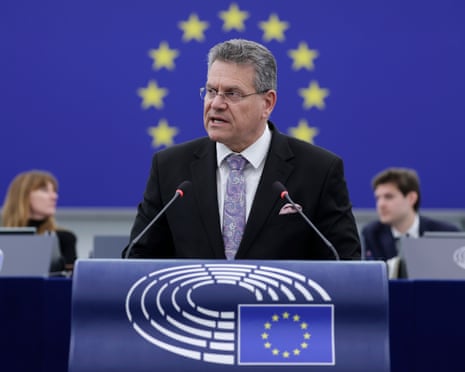 Maroš Šefčovič, EU Commissioner for Trade and Economic Security, Interinstitutional Relations and Transparency, speaks during a debate on the 'geopolitical and economic implications for transatlantic relations under the new Trump administration' at the European Parliament in Strasbourg, France earlier this year.