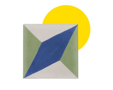 A green, white and blue geometric patterned tile.