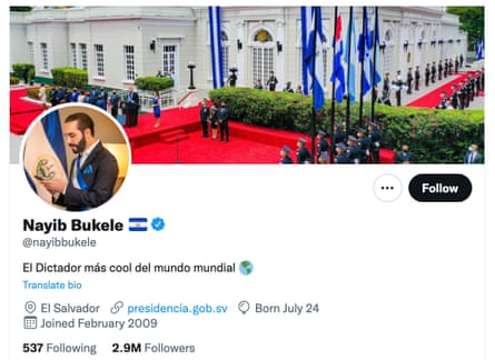 Twitter profile of El Salvador’s president, Nayib Bukele. The bio reads: 'The coolest dictator in the world.'