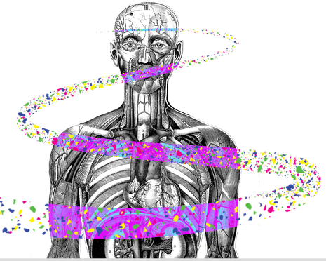 An illustration of microplastics swirling around the human body