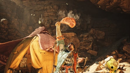 a man in warrior costume holds up a very big steak in front of a yurt of skins