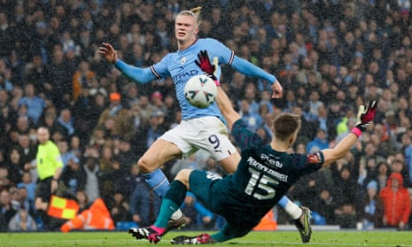 Erling Haaland scores the second goal of his hat-trick in Manchester City’s six-goal drubbing of Burnley.