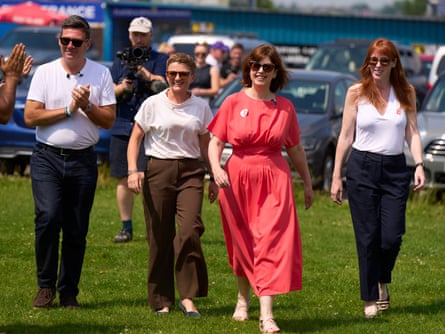 Andy Burnham, Bev Craig, the leader of Manchester city council, Lucy Powell and Angela Rayner at the launch of Craig’s campaign to become Greater Manchester mayor.